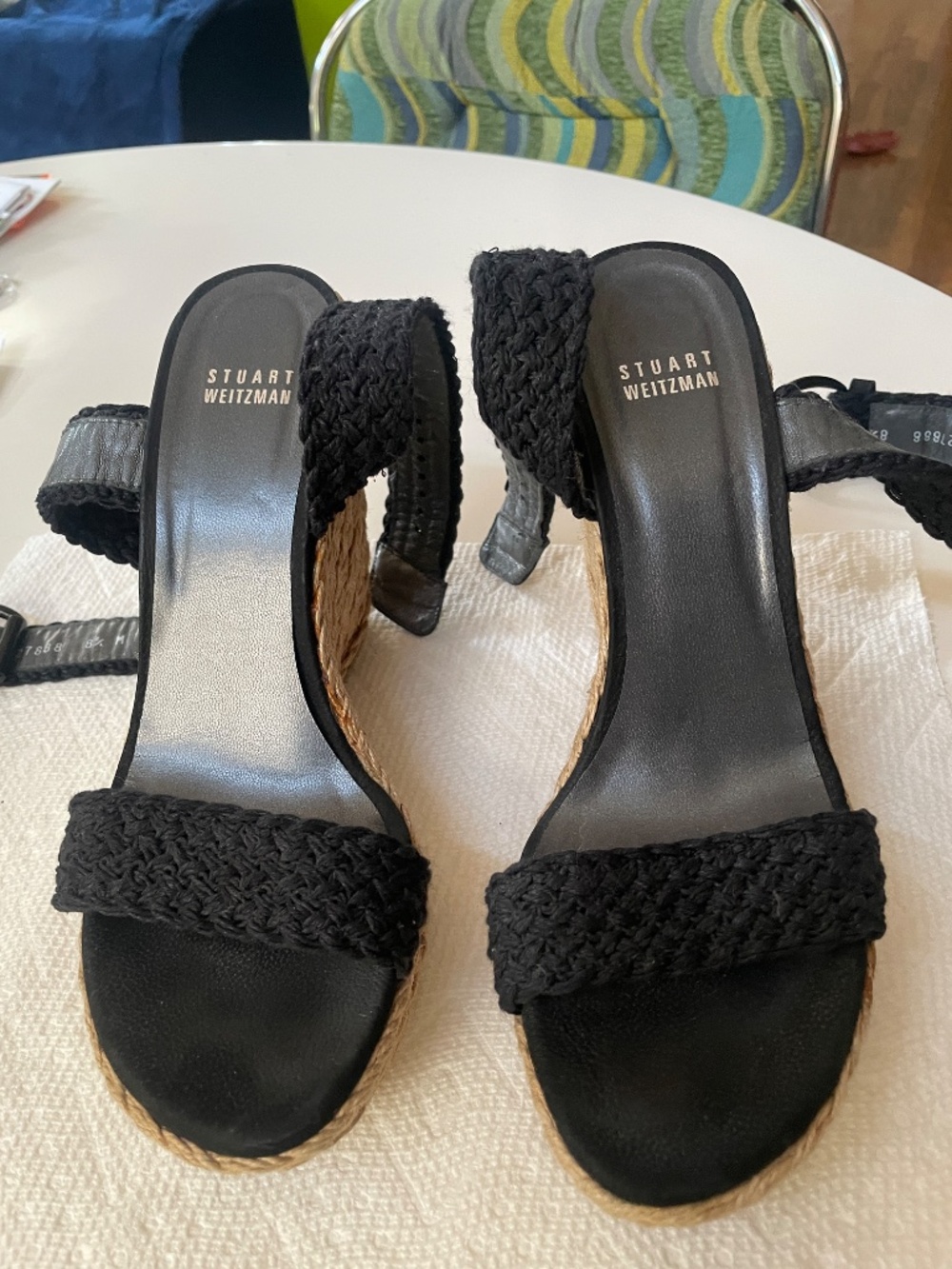Stuart Weitzman Alexlo Crochet braided Black Wedge Sandals size 8.5 - Picture 5 of 11